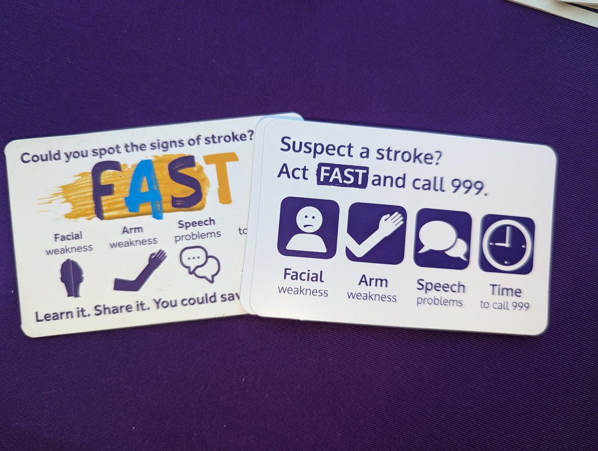 Stroke nurses have been busy handing out these FAST cards today! Lots of people are unaware stroke can happen to people in younger age groups! 💜 @UHP_NHS @spreadtheword82 @TheStrokeAssoc @AtrialFibUK @ukstrokenursing