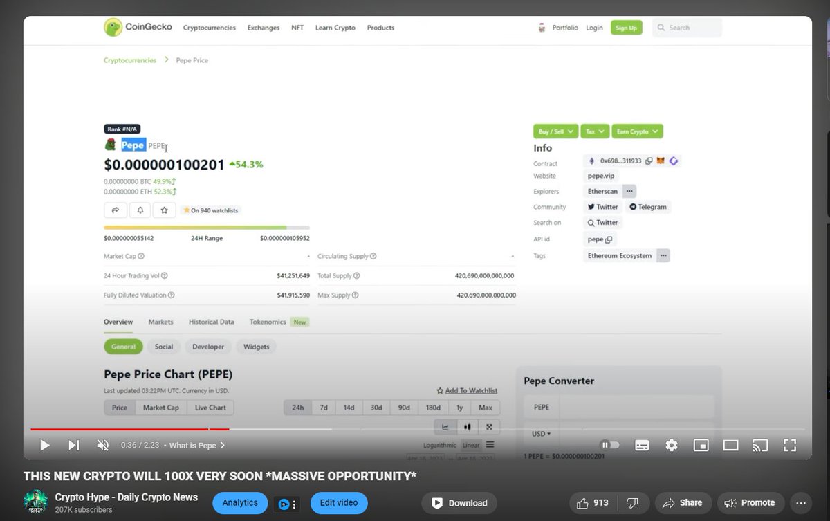 CryptoHypeReal's tweet photo. Throwback to last year when I was telling people to buy $PEPE (at 42M MC) I was the only person on YT talking about $PEPE.

120x later and it's now the 27th highest-valued crypto.

I don't like constantly bragging about X's on coins but I'm ngl, I am extremely proud of this one.