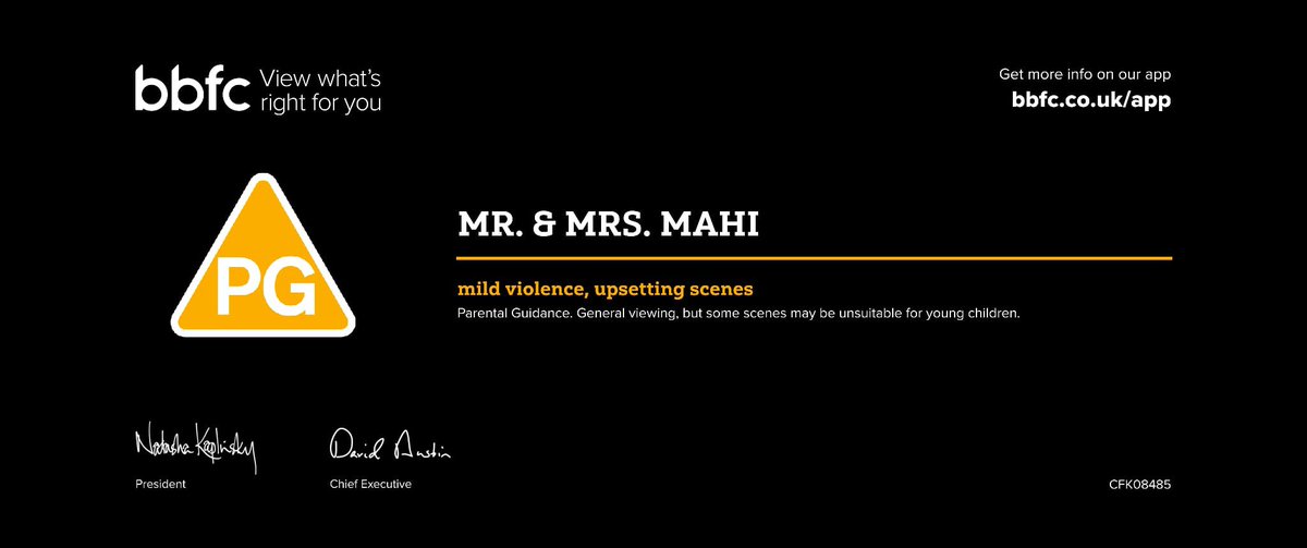 'Mr and Mrs Mahi' receives a PG certificate for its UK release, meaning general viewing but some scenes may not be suitable for kids around eight or younger. Parents are advised to guide. #MrsAndMrMahi hits theatres worldwide on May 31st, 2024 #RajKummarRao #JanvhiKapoor