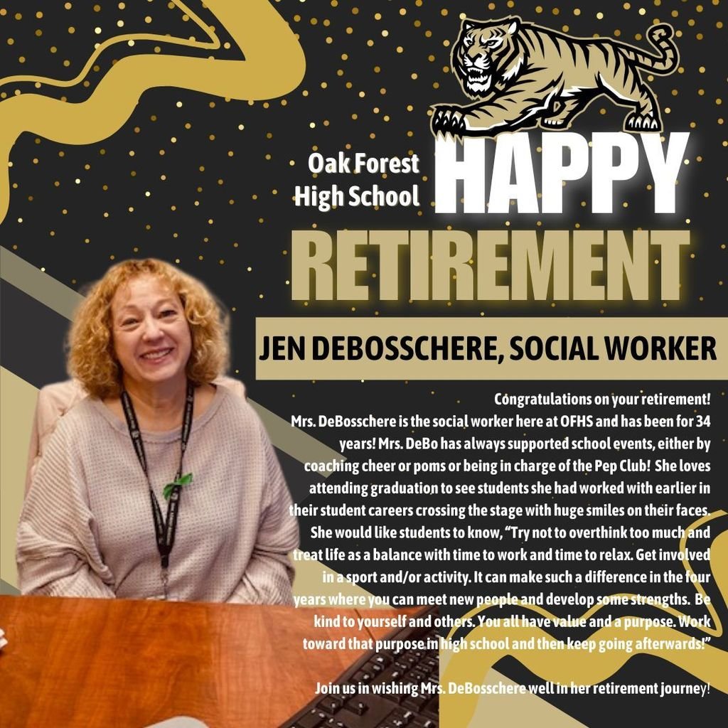 Mrs. DeBosschere is retiring from OF after being our fav social worker for 34 years! She worked in our district when there were only 2 social workers & now there’s 16 that support our students & staff & our mental health. Thank you, Mrs. DeBosschere! #TheBengalWay #Graduation2024