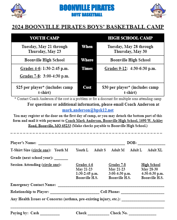BoonvilleHoops's tweet photo. Boonville Pirates Boys Basketball youth camps start this afternoon with incoming 4th-6th grade session from 1:30-2:45 pm and incoming 7th-8th grade session from 3:00-4:30 pm. If you haven't pre-registered, you may register at the door today. https://t.co/9OZI2q4R86