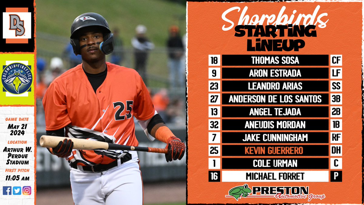 It's good to be back home! Here's our @preston_motor starting lineup for our final Education Day game! 📍 | Arthur W. Perdue Stadium 🆚 | Columbia Fireflies ⏰ | 11:05 AM 📺 | bit.ly/MiLB-tv 📻 | atmilb.com/38q7Dwv 🎙️ | @MitchellSpeltz #FlyTogether | #Birdland