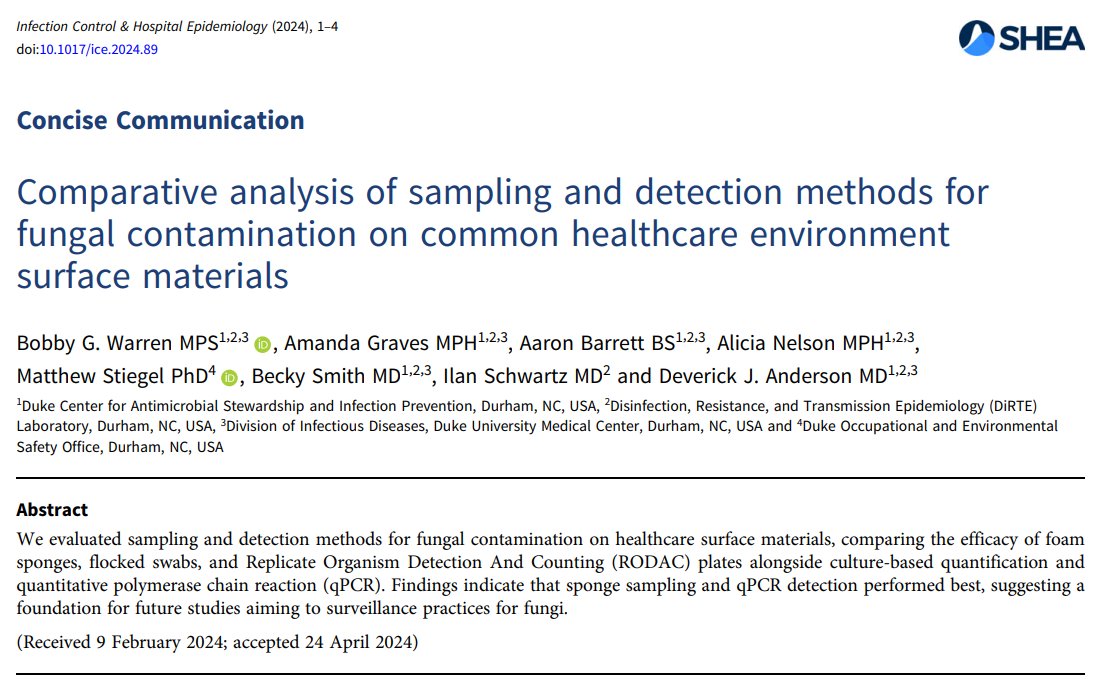 New in @ICHEJournal: @bgwarren3 et al. describe a lab-based study whose results suggest the superiority of qPCR over culture-based methods & efficacy of sponge sampling over swab and contact plate sampling methodologies. 📄: doi.org/10.1017/ice.20…