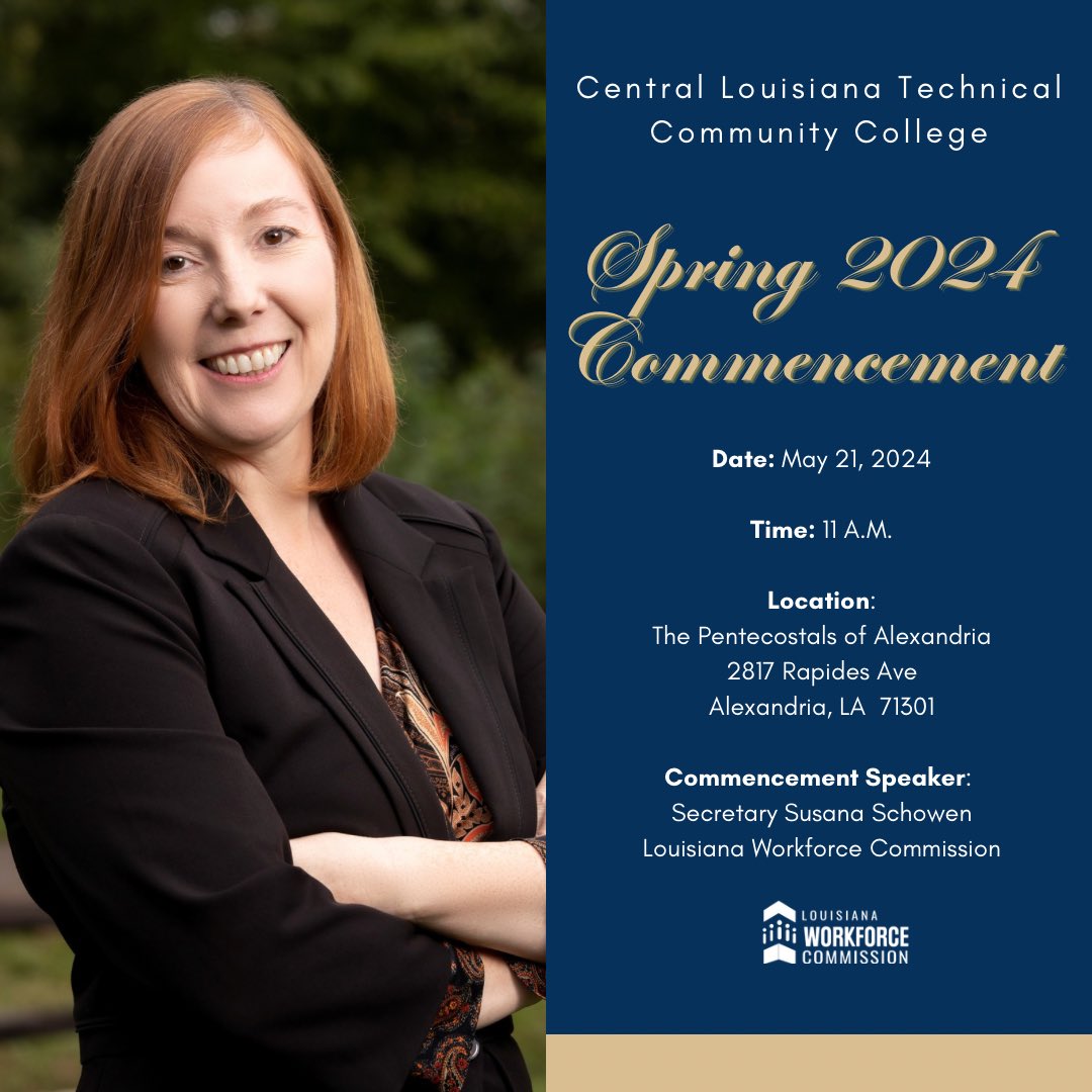 TODAY: Secretary Schowen will be the commencement speaker at Central Louisiana Technical Community College (@gocltcc) where over 300 students will graduate. Congratulations to the Class of ‘24! 🎉 #LAWorks #LouisianaWorks #goCLTCC #BobcatProud