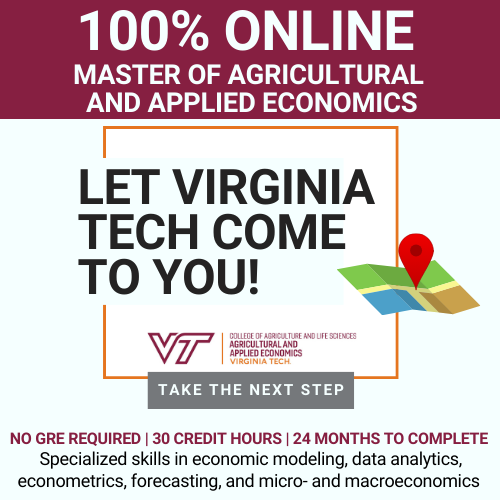 Sponsored: Get your Virginia Tech Master of Agricultural and Applied Economics in 24 Months! Accelerate your career with our 100% online Master of Agricultural and Applied Economics degree from Virginia Tech. Learn more here: bit.ly/AAEMasters The Department of