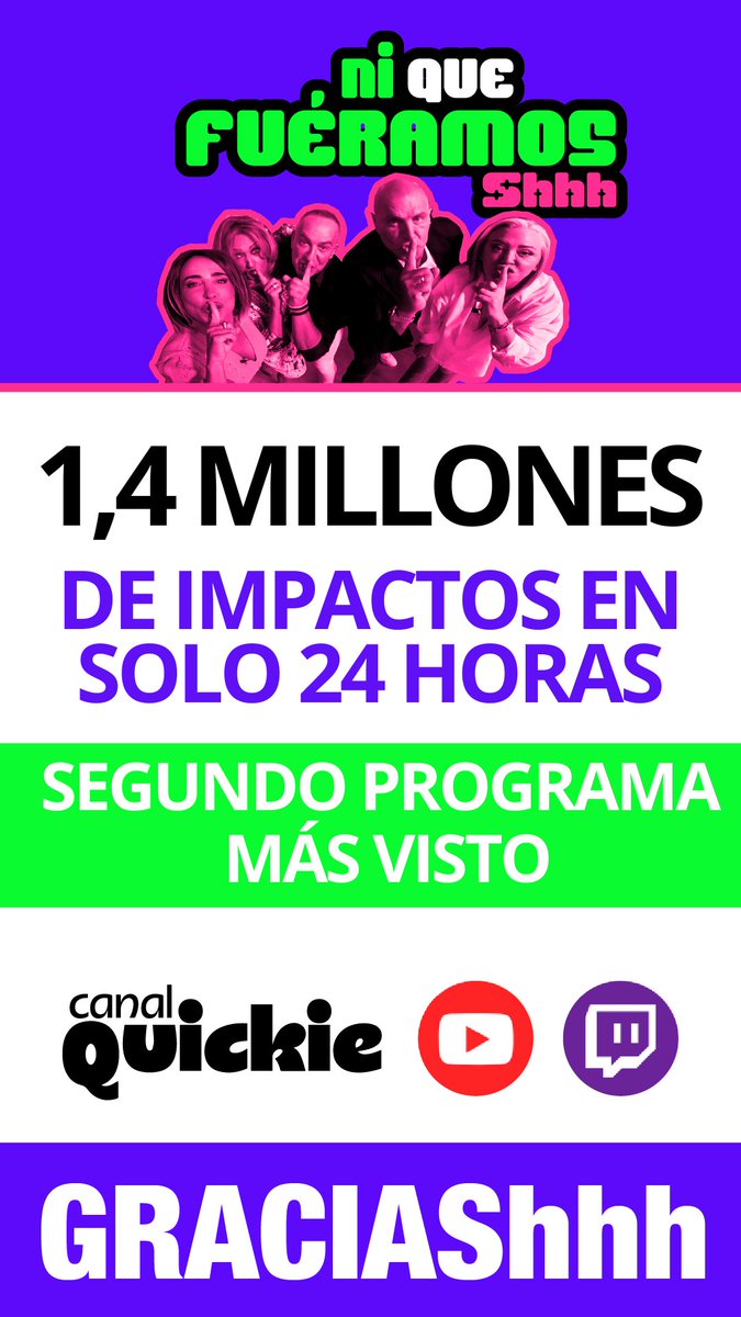 🆕El cuarto programa de ‘Ni que fuéramos Shhh’ suma 1,4 millones de impactos en solo 24 horas

Los contenidos del cuarto programa de #NiQueFuéramos20M siguen despuntando en plataformas y redes sociales y acumulan, en solo 24 horas, un total de 1,4 millones de visualizaciones de