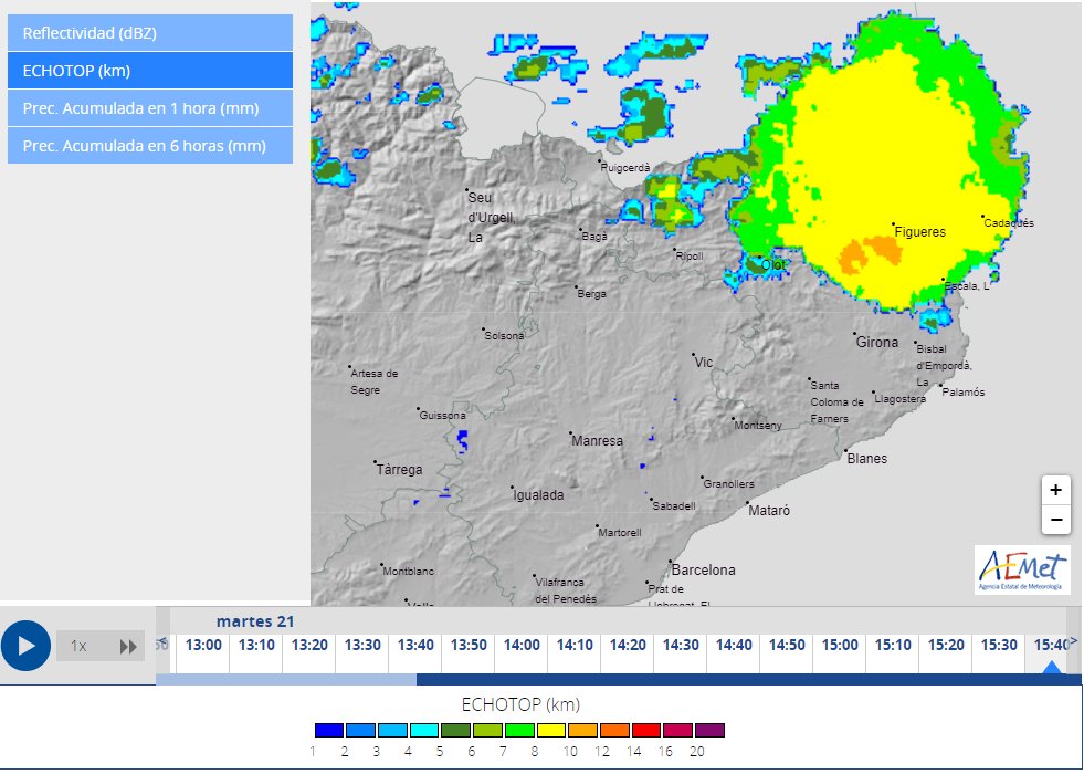 Aquesta tempesta de les comarques gironines ja és digne de convecció estiuenca! El cumulonimbus supera ja els 10.000m d'alçada i l'enclusa ocupa gairebé 100 km de diàmetre! 💨🌪️💥⛈️