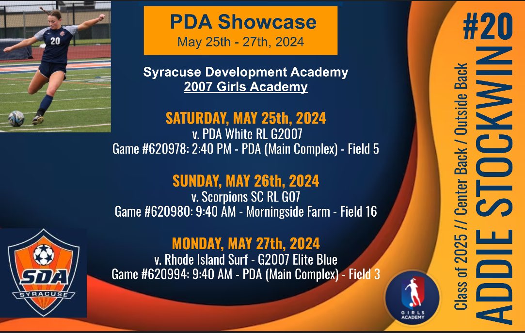 PDA Showcase 2024 🔜 Come See Me Play In NJ This Weekend !!

<a href="/SyracuseDA/">SyracuseDA</a> 
<a href="/TheSoccerWire/">SoccerWire</a> 
<a href="/GAcademyLeague/">Girls Academy</a> 
<a href="/ImYouthSoccer/">ECNL/GA/Recruiting/College Soccer</a> 
<a href="/ImCollegeSoccer/">College Soccer Truth ™</a>