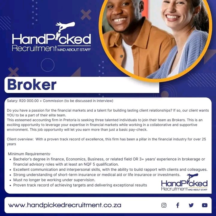 Broker
#broker_position #careeropportunity #jobopportunity #hiring #newjob #recruitment #recruiting #recruitmentagency #handpickedrecruitmentsa #Pretoriaposition #nowhiring #broker #insurance #finance 
handpickedrecruitment.co.za/jobs/