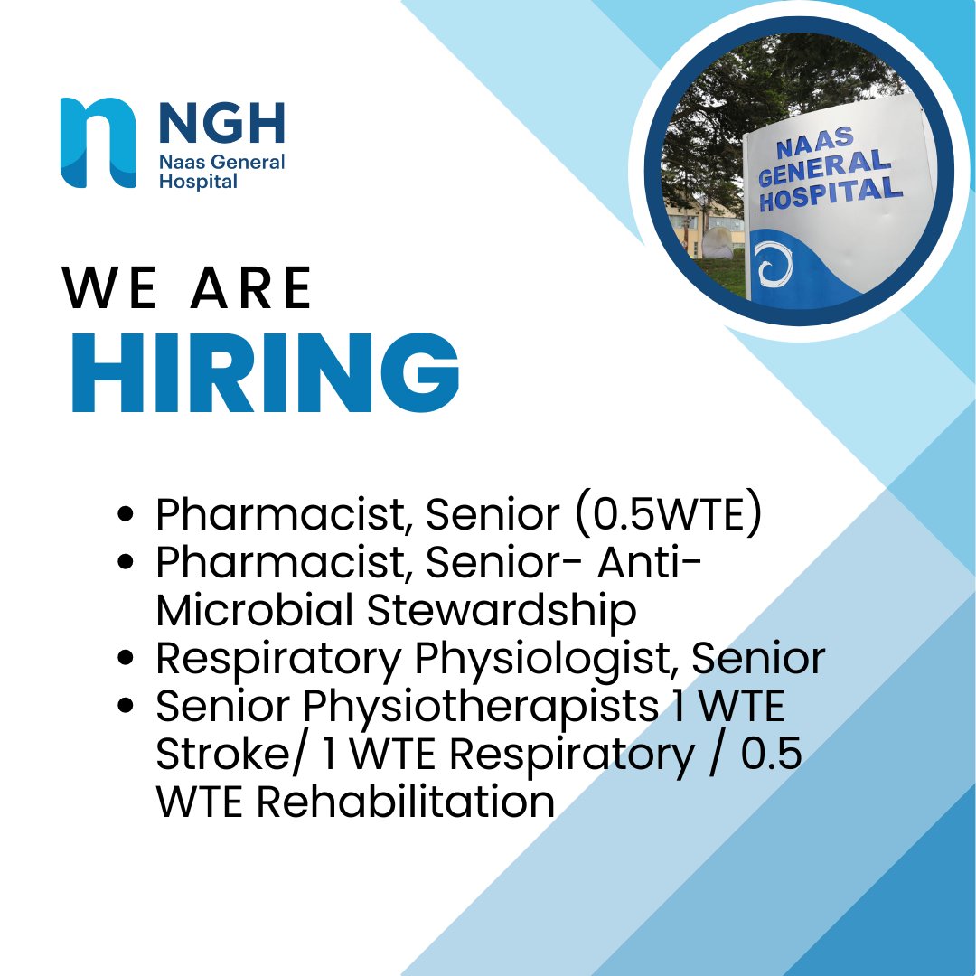 Great opportunities are currently available in #NaasGeneralHospital Current #vacancies for #pharmacists, #physiologists and #physiotherapists For more information and to apply: bit.ly/45lsppb #jobopportunity #hiring #vacancies #jobfairy #DMHGJobs #opportunities