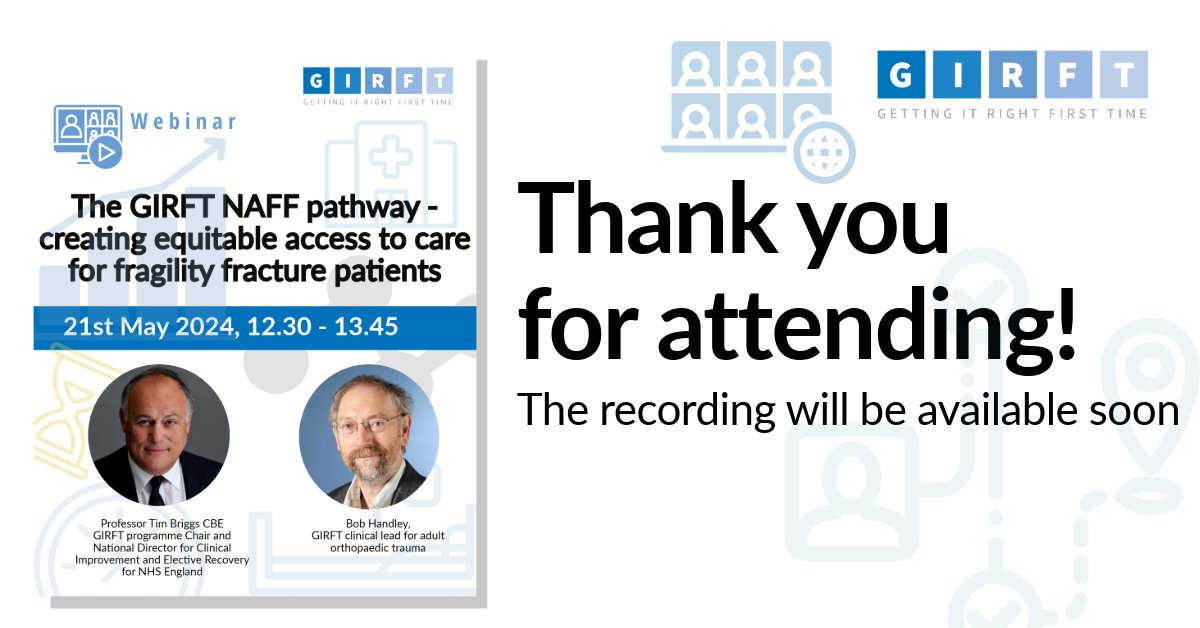 A great session this lunchtime on the GIRFT NAFF pathway - creating equitable access to care for fragility fracture patients.  
Thanks to all our speakers &amp; everyone who joined live.  If you missed it, a recording will be on our website soon bit.ly/47QwMea
