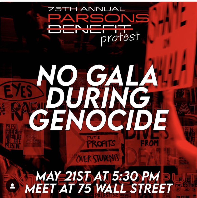 Just in! A Palestine protest is being held today at 75 Wall Street! 5:30 PM! “NO GALA DURING GENOCIDE”.