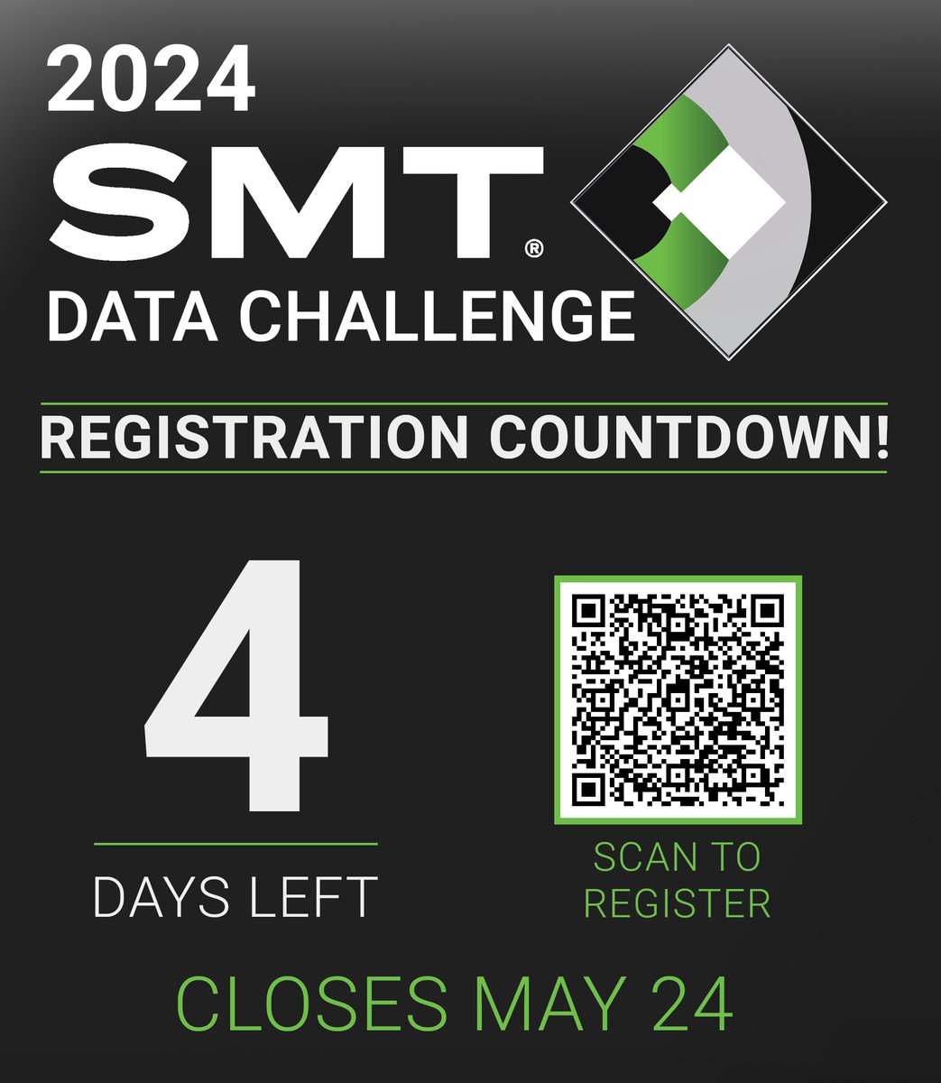 FOUR DAYS LEFT to register for the 2024 #SMTDataChallenge‼️

Spread the word! QT and tag a student (18yo+) who's into data and wants to work in baseball. (Or QT and tell EVERYONE!) 📢⚾️

Use the QR Code or prettyform.addxt.com/a/form/?t=tOAB…. Closes this Friday! (May 24)

#SMTChangingTheGame