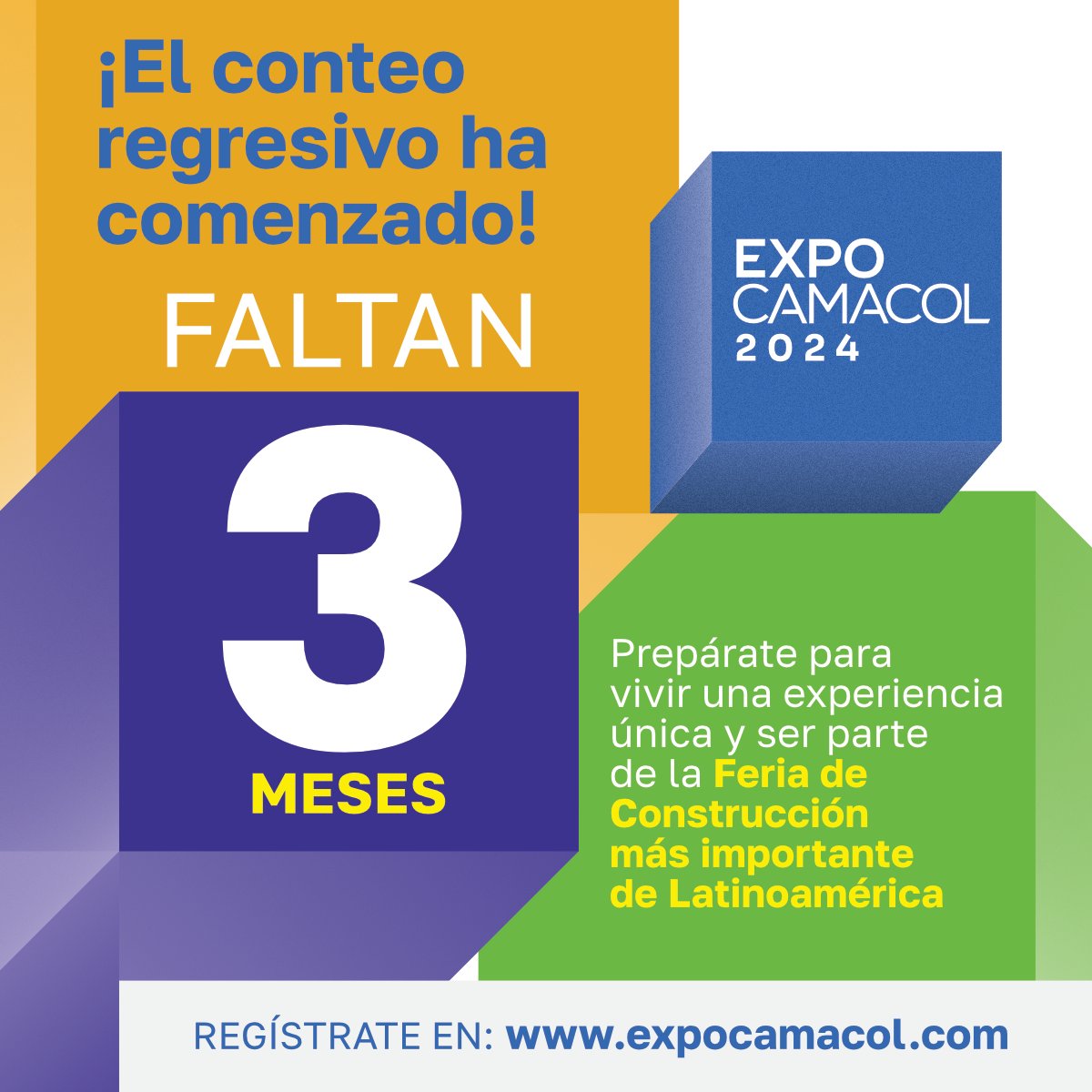 ¡Faltan 3️⃣ meses para #Expocamacol2024! La Feria de construcción más importante de #Latinoamérica 🙌🏼🏗️. ️ Te esperamos del 21 al 24 de agosto, en Plaza Mayor, Medellín. Compra ahora tu boleta en expocamacol.com y asegura tu tarifa especial 🤩.