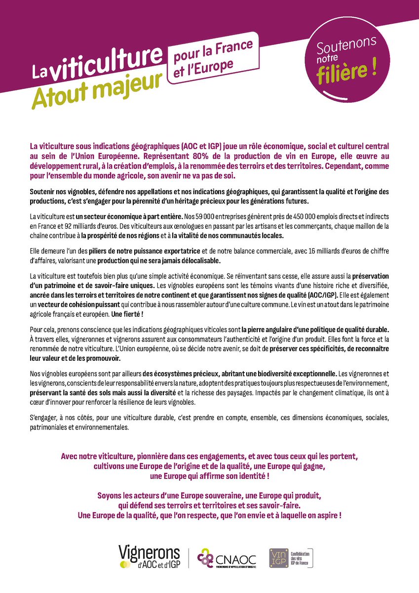 Le 9 juin, une partie de l'avenir de la #viticulture se joue lors des élections européennes : Politique Agricole Commune, étiquetage, gestion des marchés, etc 👉 les vins #AOC et #IGP ont besoin de vous et de votre soutien pour maintenir des règles spécifiques au niveau de l’UE.