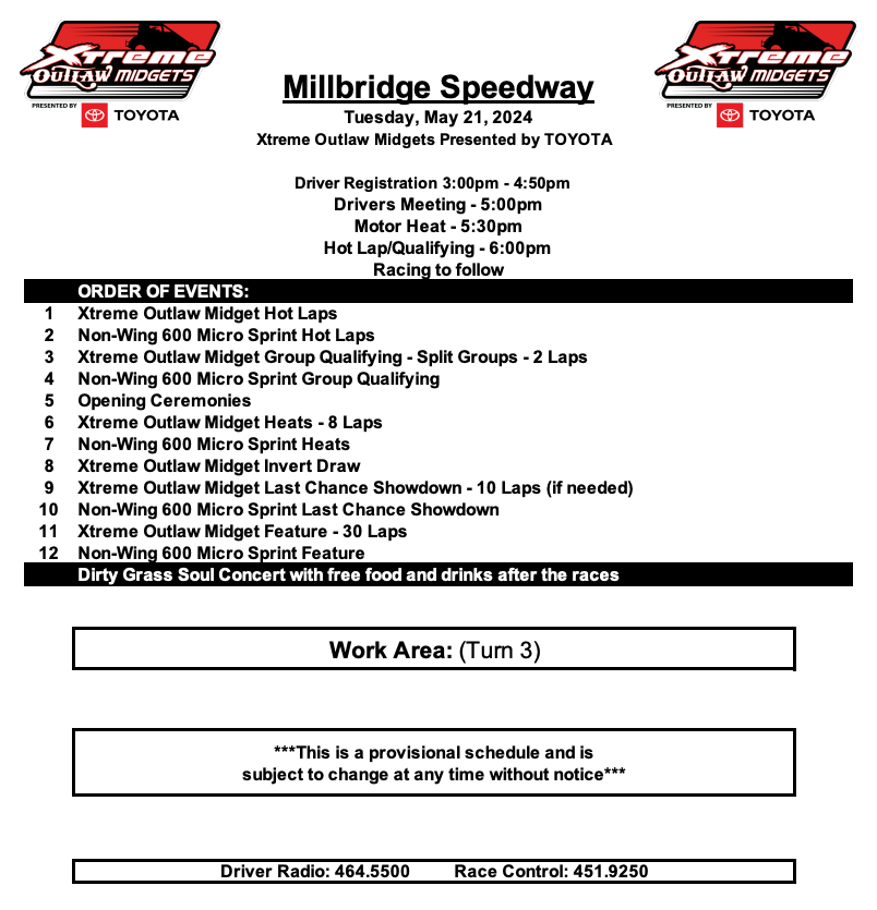 Order of events for Tuesday's #XtremeOutlaw program at @MillbridgeRacin 📋

@DIRTVision broadcast – 5:45 ET