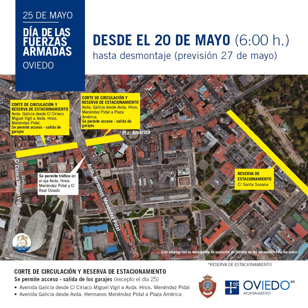 aytoviedo's tweet photo. ‼️ El Ensayo del Desfile del DIFAS obliga desde las 21h de mañana jueves a las 02:30 del viernes 24, al corte y a la prohibición de estacionamiento en todas las calles del recorrido y convergentes.

ℹ️ Consulta el recorrido y el resto de restricciones en: https://t.co/SHpJ7NSOm9 https://t.co/geXCeyIeQ1