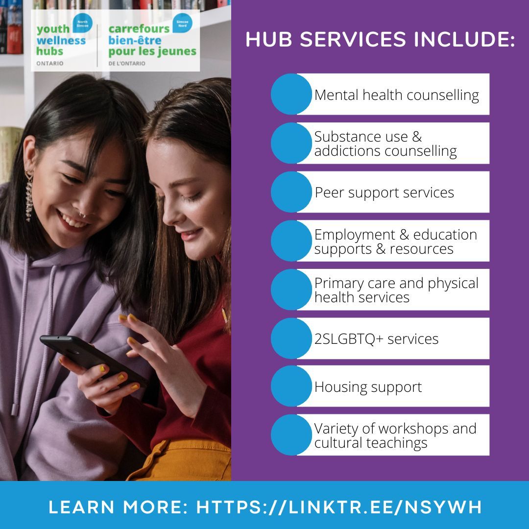 🌟 The North Simcoe Youth Wellness Hub provides tailored services for ages 12-25, from in-person to virtual support, ensuring quick access with minimal wait times. Serving Midland, Penetanguishene, Tiny, Tay, and Beausoleil Island. #YouthWellness #AccessibleSupport #YouthHub #OHT