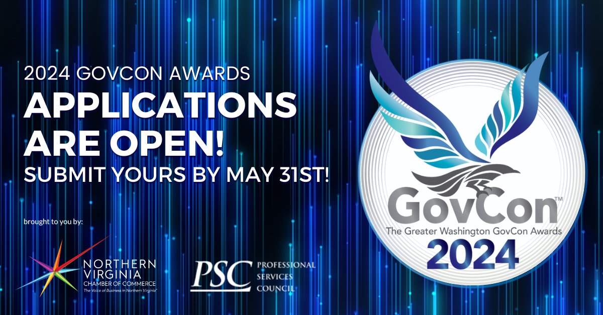 [10 more days to apply!] Applications Due May 31st for the 2024 Greater Washington GovCon Awards! Presented by the @NOVAChamber and PSC, the Greater Washington Government Contractor Awards will take place November 6, 2024. bit.ly/4bqWAim