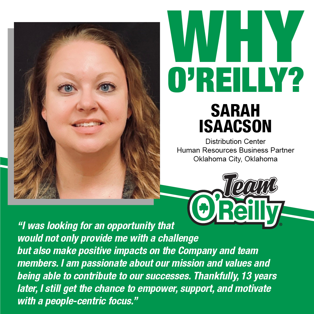 OReillyCareers's tweet photo. As a human resources business partner in our Oklahoma City distribution center, Sarah has chosen #TeamOReilly every day for the past 13 years. We are thankful for Sarah and all the hard work she puts in for her team! #WhyOReilly https://t.co/3kuiBKiNJv