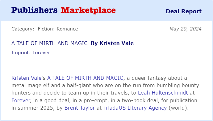 Congratulations to Kristen Vale on the sale of A TALE OF MIRTH AND MAGIC! #TeamTriada