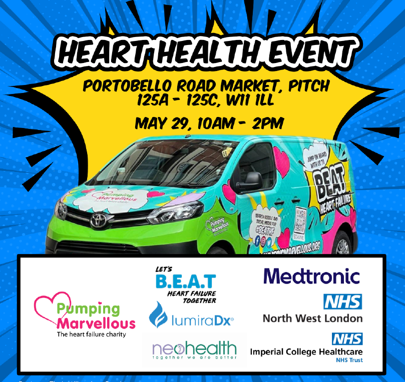 HealthierNWL's tweet image. Come down to Portobello Road Market on 29 May for a free heart health check. The Pumping Marvellous Foundation will be there to raise awareness of BEAT, helping you spot the signs of heart failure: 

- Breathlessness 
- Exhaustion
- Ankle swelling 

That&apos;s when it&apos;s #TimeToTest