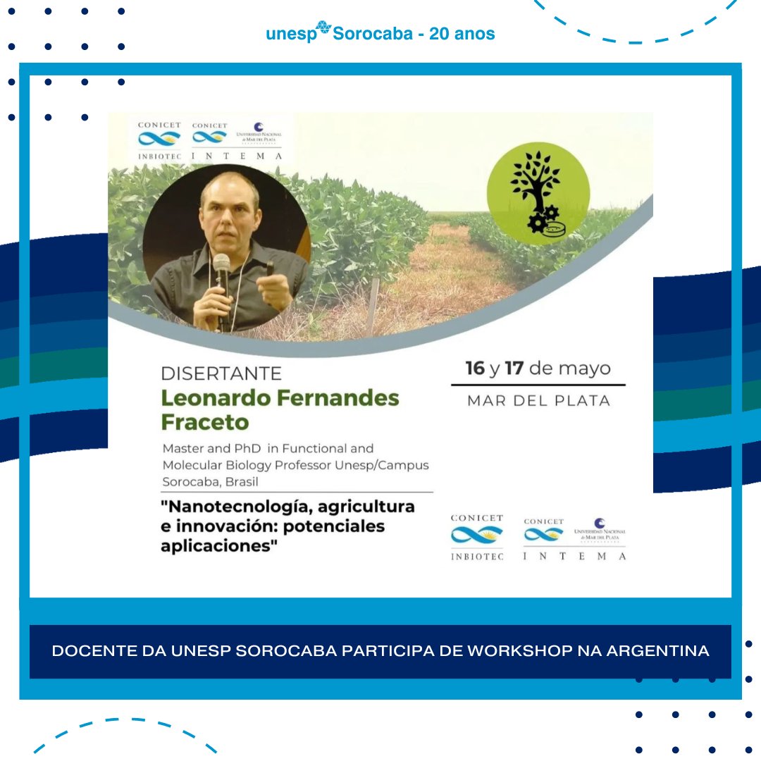Nos dias 16 e 17 de maio em Mar del Plata na Argentina o Prof. Leonardo Fraceto participou como convidado do “Workshop of Biological Inputs and Nanotechnologies for increasing plant productivity” no INTEMA.

Matéria: sorocaba.unesp.br/#!/noticia/149…

#unesp #unespsorocaba #ciencia