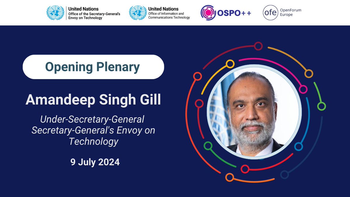 UN_OICT's tweet photo. Join us on July 9-10 for the #OSPOsForGood Conference, exploring how #OpenSource drives global cooperation and the #SDGs.

Excited to have @UNTechEnvoy Under-Secretary-General Amandeep Singh Gill @gioasempre kick off the Opening Plenary! RSVP: https://t.co/Sh97FMXSw9 https://t.co/YQkqHpyMZO