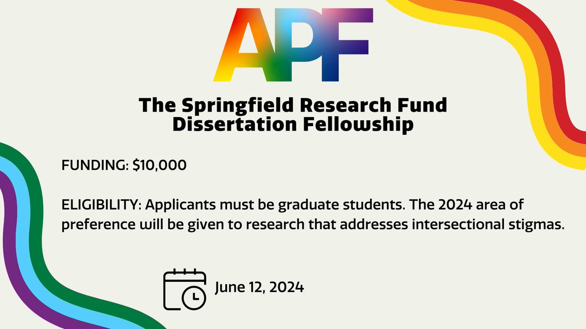 AmPsychFdn's tweet image. Apply for The Springfield Research Fund Dissertation Fellowship!✨🌈
This program supports grad students researching #LGBTQIA+ issues in an effort to dispel stereotypes and other negative info that leads to prejudice &amp;amp; discrimination. Apply using the link below!👇 #psychology