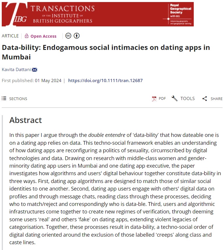 📢New paper published in #TIBG by @KavitaDattani (@UWGWSS):

'Data-bility: Endogamous social intimacies on dating apps in Mumbai'. 📱#OpenAccess

 doi.org/10.1111/tran.1…