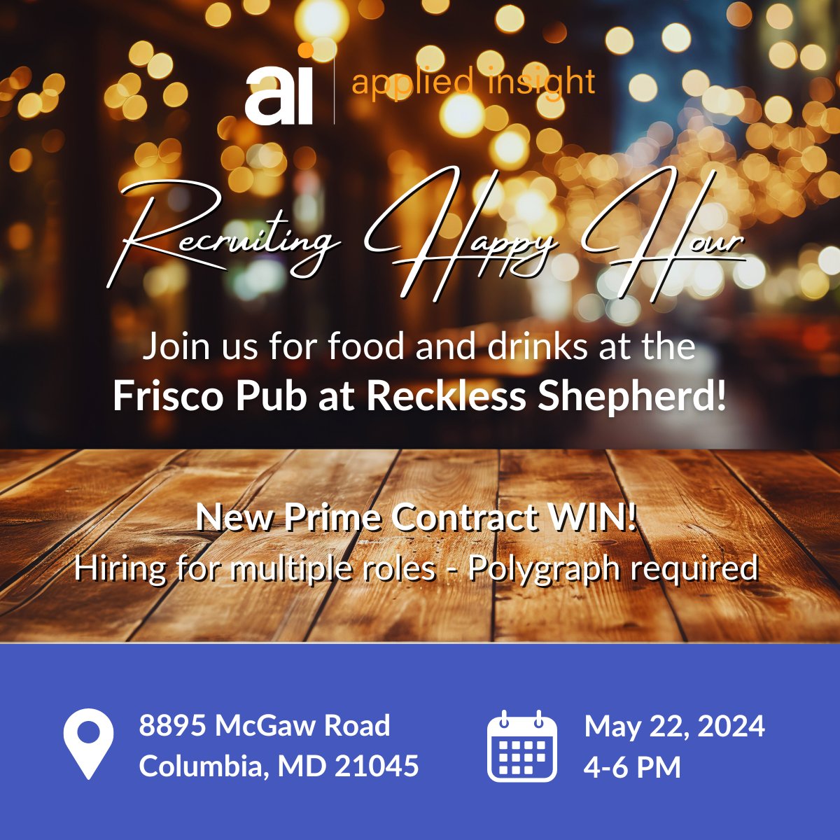 Join us tomorrow at the Frisco Pub at Reckless Shepherd from 4-6PM for Recruiting Happy Hour! 🎉 We're hiring #Developers, #CyberEngineers, and more! Network and explore new opportunities with us! See all #jobs here - hubs.ly/Q02xYvwN0 🚀 Polygraph required. #GovCon #IC