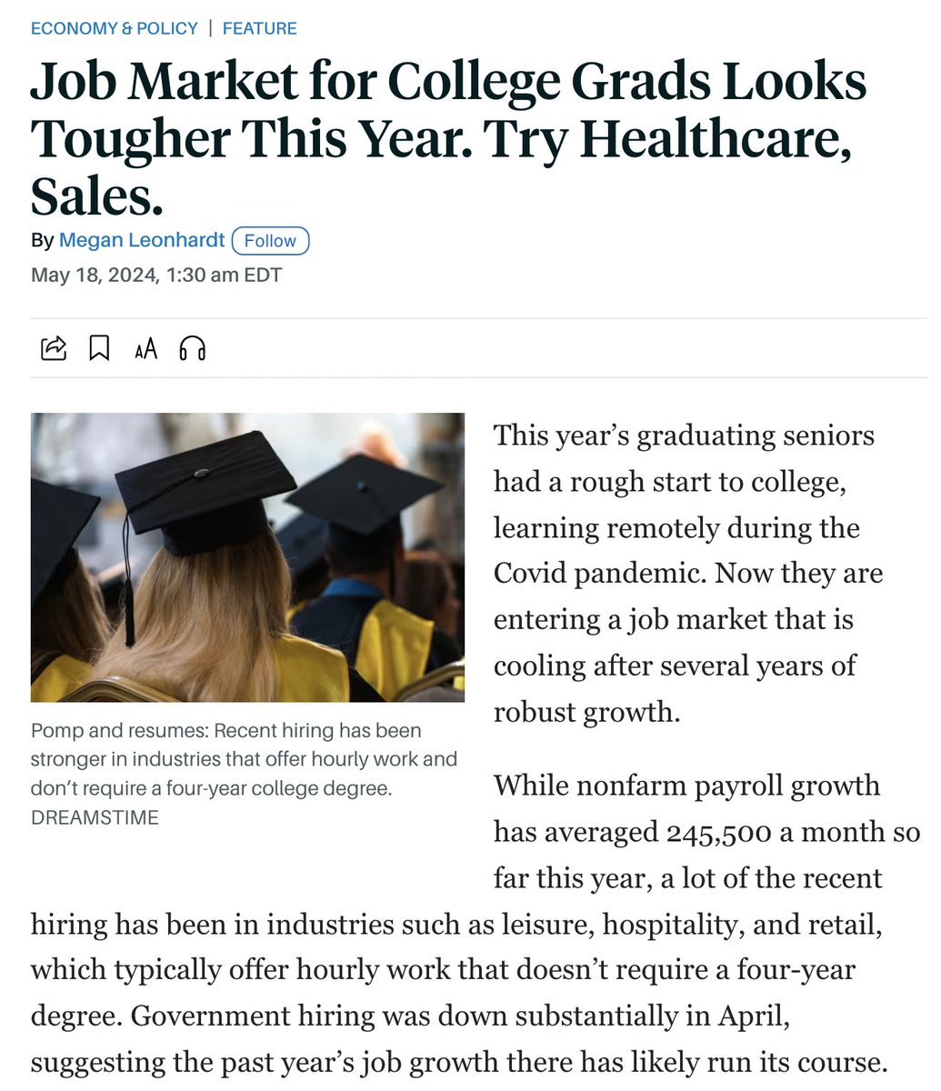 :mortar_board: Looking to kickstart your career after graduation? Check out healthcare or sales. Our Sr. Economist @rachelsederberg shared her insights (and data) on grads entering the job market with @Megan_Leonhardt at @barronsonline. bit.ly/4bIM1XG