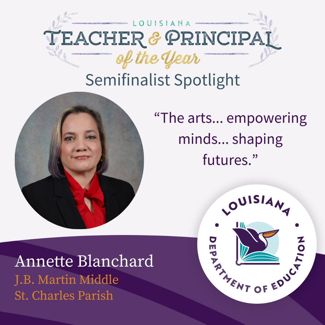J.B. Martin Middle's Annette Blanchard is a Teacher of the Year semifinalist. Mrs. Blanchard's commitment to excellence extends to her role as a mentor for aspiring music educators and new teachers.