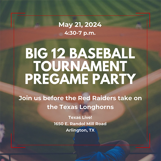Today's the day! If you're in Arlington to watch @ttu_baseball play in the Big 12 Baseball Tournament, make sure you stop by @tx_live from 4:30-7 p.m. for our pregame event! Let's paint Arlington red and black and get ready to cheer on our Red Raiders! #WreckEm #OneOfUs