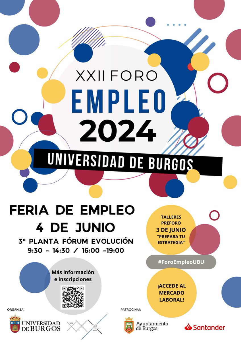 XXII FORO DE EMPLEO 2024 I 4 de junio
Se encontrarán de nuevo empresas y demandantes de empleo con un objetivo común, la realización de entrevistas laborales, FACE TO FACE.
⌚️9:30 - 14:30 / 16:00 - 19:00  📍3ª planta Fórum Evolución
INFO: ubu.es/servicio-unive…
#ForoEmpleoUBU
