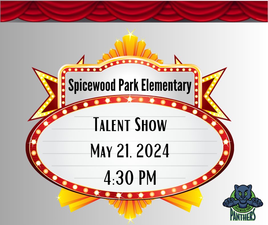 🎉 Attention Families! 🎉
Join us for an evening of amazing talent at our Spicewood Park Talent Show! 🎤🎭🎶
Come support our young stars as they showcase their incredible skills in music, dance,  &amp; more! It's a night you won't want to miss. 🎉👨‍👩‍👧‍👦