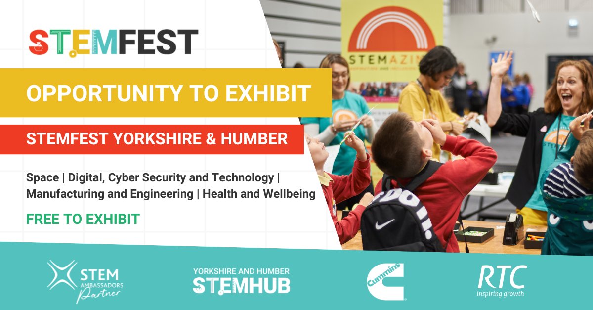 📢 FREE opportunity to exhibit at #STEMFest Yorkshire & Humber! 📆 2nd - 4th July 📍 Life Centre, Bradford Find our more and register to exhibit: ow.ly/VQy250ROGla