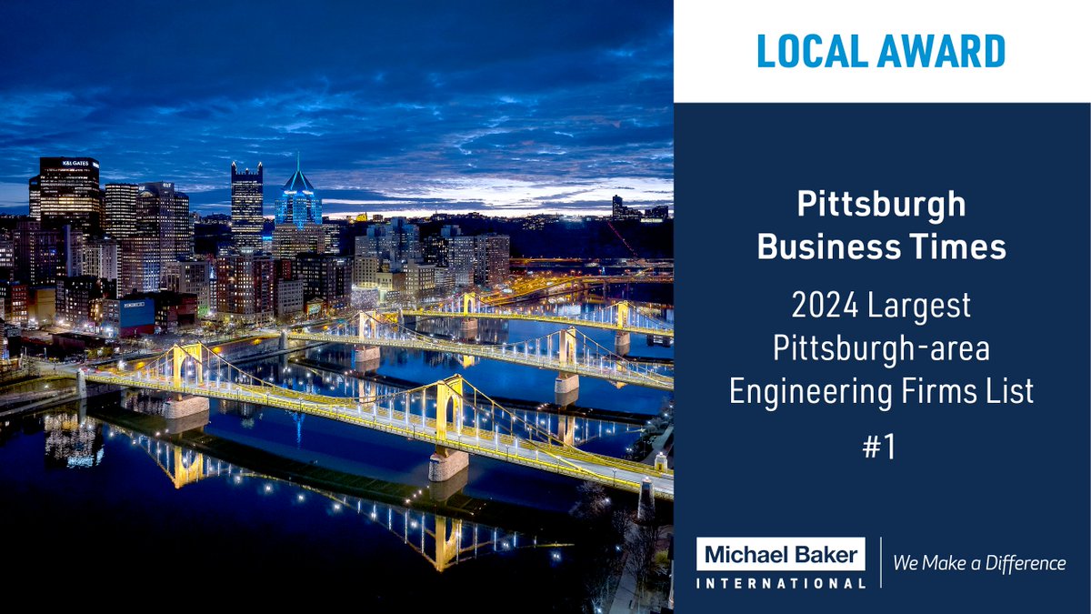 Michael Baker International was recently ranked #1 on the Pittsburgh Business Times’ Largest Pittsburgh-area Engineering Firms list for 2024. Read the list: bizjournals.com/pittsburgh/sub…