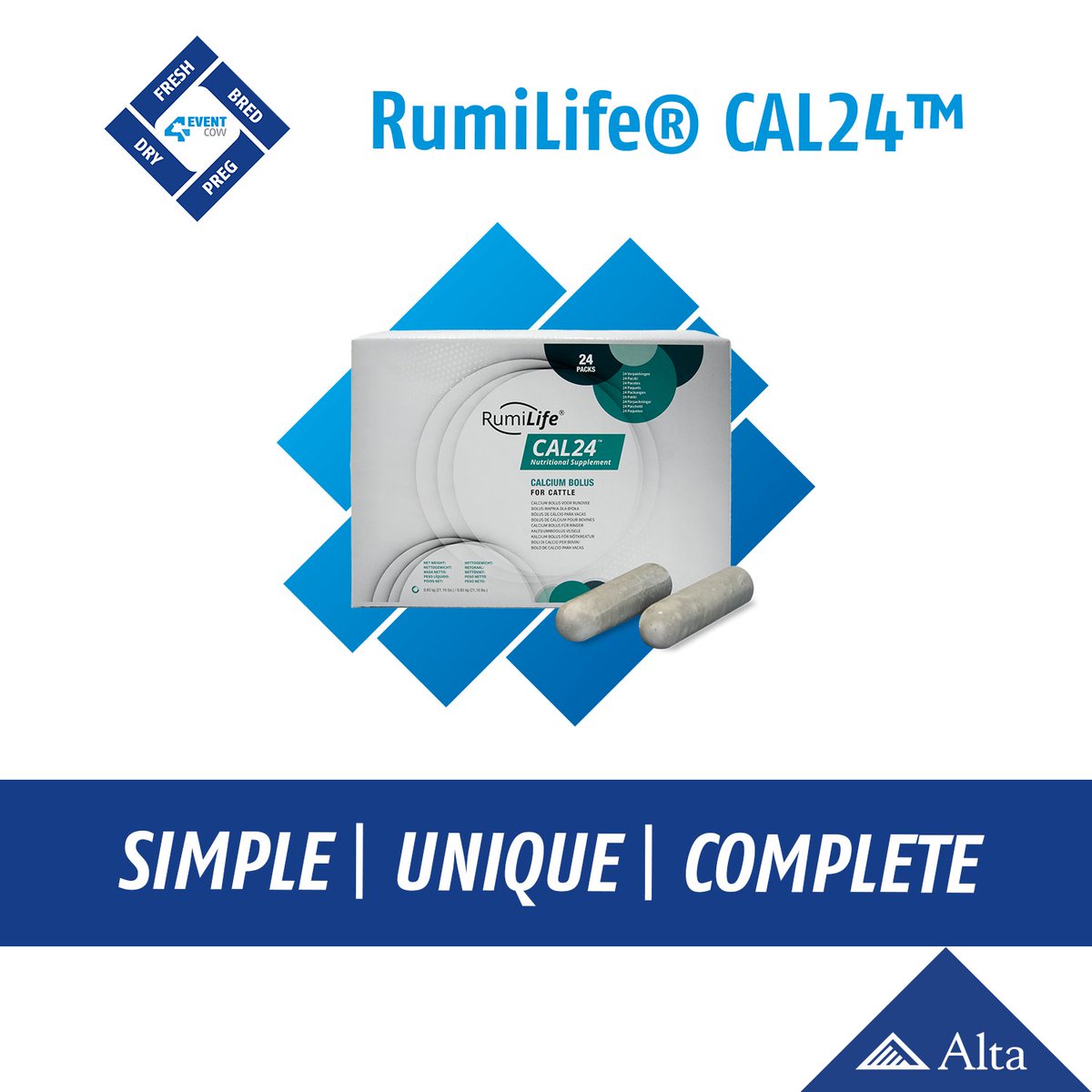 The journey of an Alta 4-EVENT COW starts at their FRESH event. Use the SIMPLE, UNIQUE, and COMPLETE RumiLifeCAL24 boluses to make her into a healthy, productive, and trouble-free cow this lactation! 

#altagenetics #dairymanagement