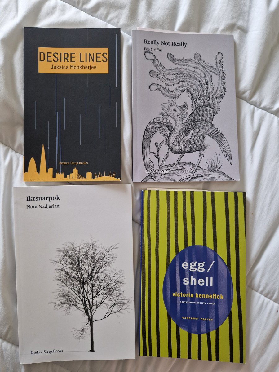 Poets! 📢 Big recommendations on these incredible collections for this week's @TopTweetTuesday book boosts Top left: DESIRE LINES @jessmkrjy @brokensleep Top right: REALLY NOT REALLY @EffGriff @brokensleep Bottom left: IKTSUARPOK @NoraNadj Bottom right: EGG/SHELL @VKennefick