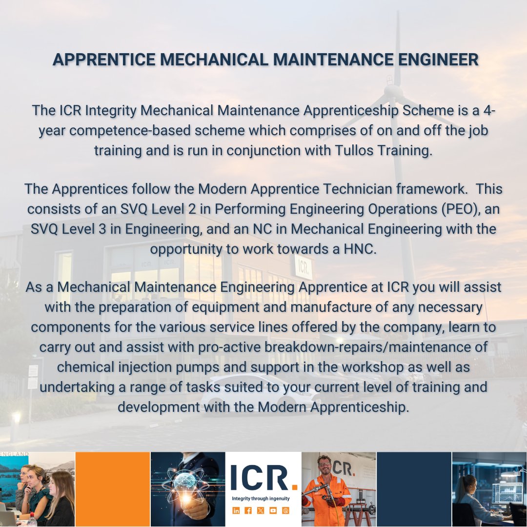 Start your career in engineering with a #ModernApprenticeship at @ICRIntegrity:

▪️Draughtsperson
▪️Mechanical Maintenance Engineer

Apply to HRSupport@icr-world.com by 18th June 2024 to kickstart your career! 

#Apprentices #Engineering #NoWrongPath #Training #Aberdeen