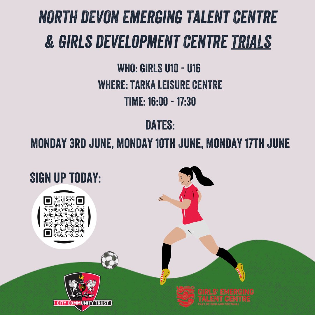 ⚽️ North Devon Girls Trial

Sign up today for the opportunity to be a part of our Talent Centres in North Devon

#ECFC #community <a href="/ClemBennellick/">Clem Bennellick</a>