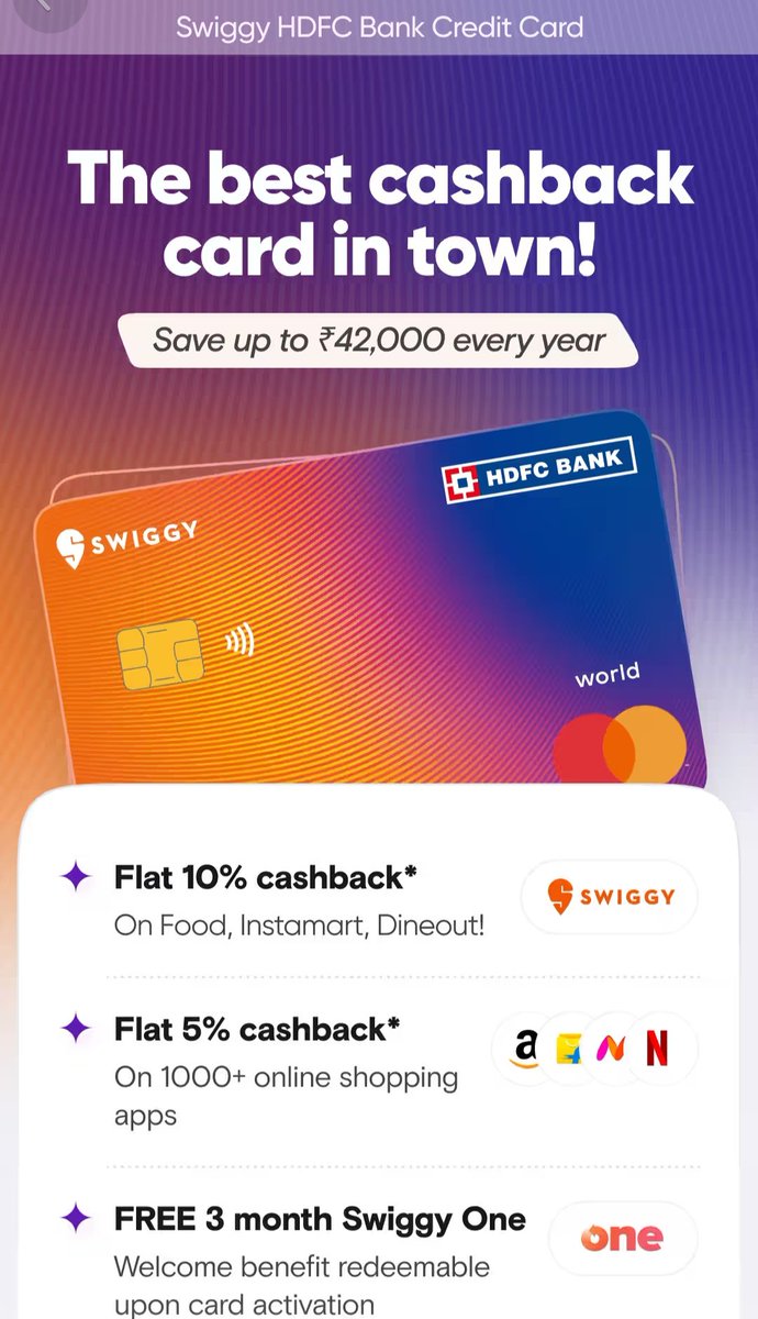 HDFC Swiggy'ed it 😋

Have you received LTF Swiggy Card Offer❓

Will you deny now 😅

Note: Swiggy Card Cashback used to be credited in Swiggy wallet

It will now be a Statement Credit w.e.f. 21st June'24🔥

Like ❤️ n Repost ♻️ if useful

#ccgeek