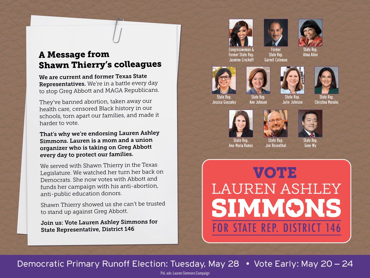 VERY proud to have earned the support of @ShawnieT146’s colleagues! Help is on the way from District 146 in the battle to stop Greg Abbott and MAGA Republicans. But first, we have to win! Please VOTE EARLY now through Friday! #HD146 #txlege