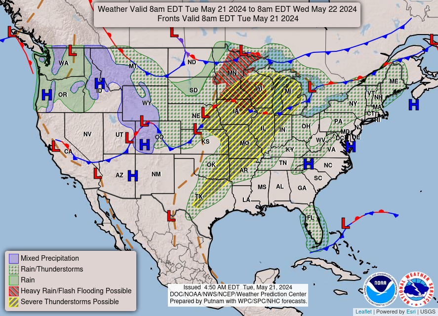 Today's National Forecast Chart shows stormy weather is forecast to continue across much of the central U.S. into tonight between the southern Plains to the Great Lakes. Be sure to remain weather aware and have numerous ways to receive flash flood and other severe weather alerts.