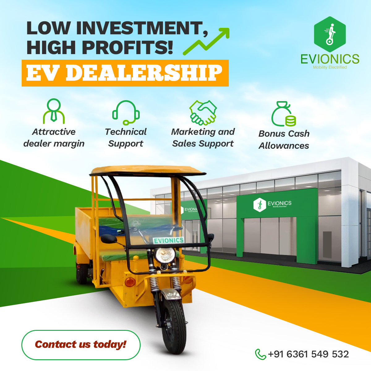 Evionics is expanding its network across India.

Ready to join us?Contact us at +91 6361549532

#evbusinessopportunity #electricvehiclesindia #dealership #business #evdealership #IndiaEV #electricvehicles #DealershipOpportunity #electriccargovehicles #evionicsdealership #evionics