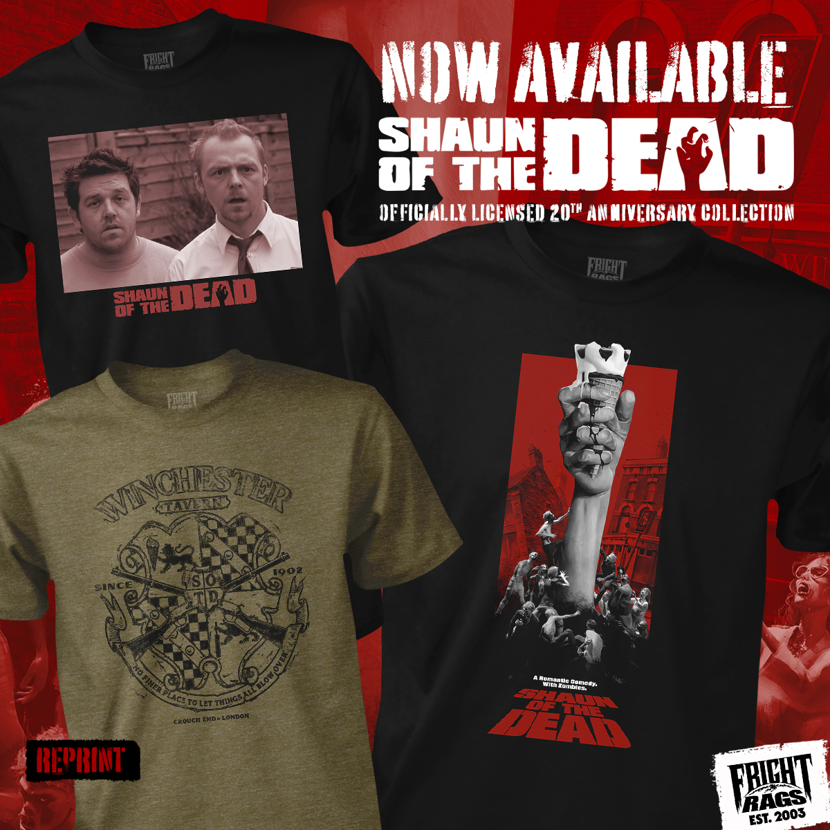 You got a little red on you... Officially licensed SHAUN OF THE DEAD 20th anniversary collection is now available. New tees & a classic reprint. In-stock and ready to go. 👉 Shop: bit.ly/4bEWaV9