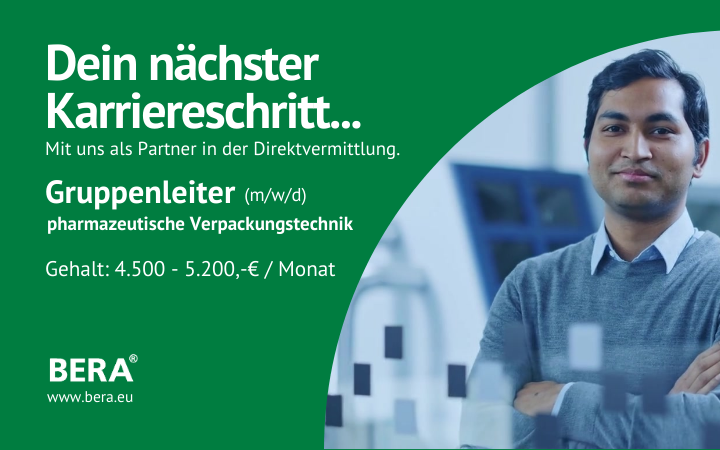 BERAGmbH's tweet photo. Ihre Chance, als Gruppenleiter (m/w/d) für pharmazeutische Verpackungstechnik in Gaildorf Karriere zu machen! ⚗️💉 Wir vermitteln Sie direkt an ein renommiertes Maschinenbauunternehmen. Profitieren Sie von umfangreichen Sozialleistungen, einem betrieblichen Gesundheitsmanagement https://t.co/VUd3eYSdAE