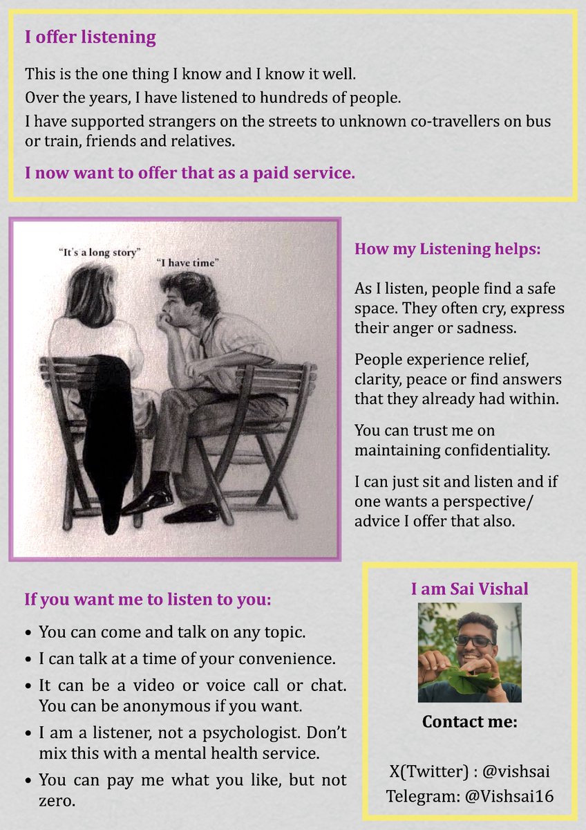 Vishsai's tweet image. Hey everyone, 

Doing something which is close to my heart. TO OFFER LISTENING. It&apos;s something that has helped in transforming lives and if you and anybody you know might know can use it, then do get it in touch 

Rt for Karma