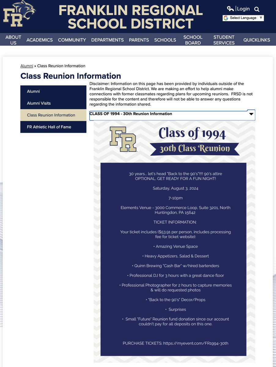 Franklin Regional’s website has a NEW PAGE! Do you have a class reunion coming up? FR will be happy to help our amazing alumni share information about their plans with fellow classmates. Visit frsdk12.org Community tab>Alumni tab>Reunion Information Those interested